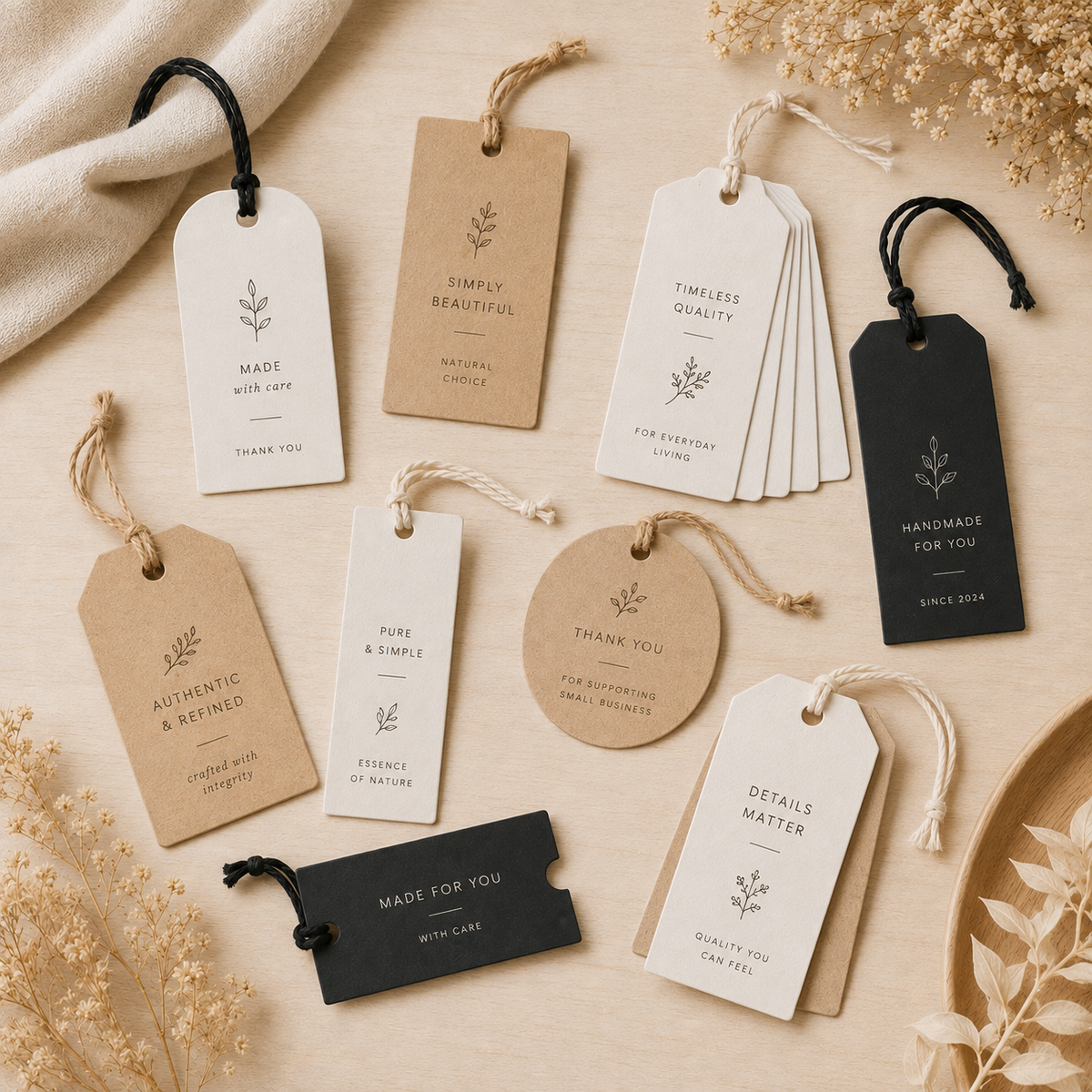 Custom paper hangtags for clothing brands and handmade product packaging