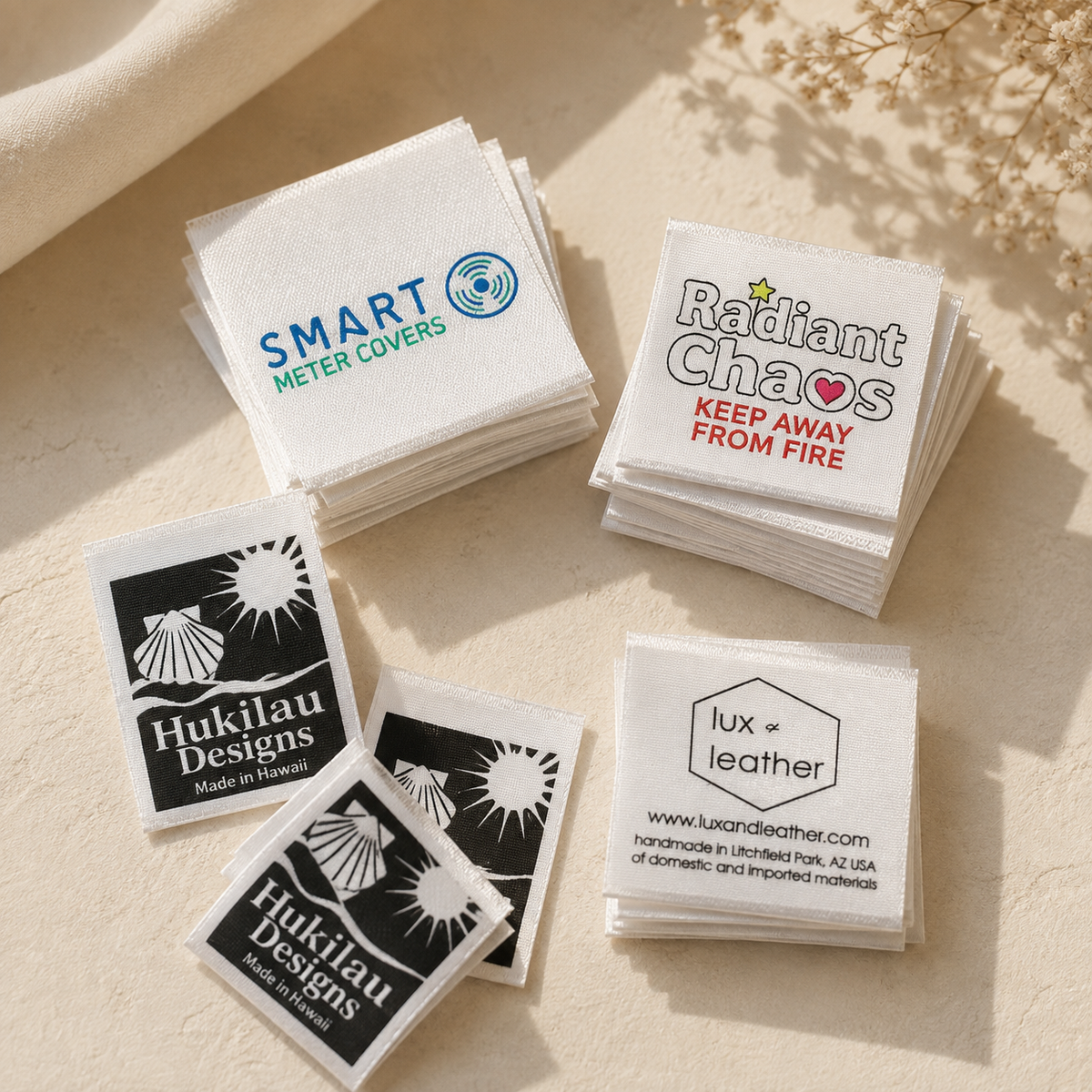 Custom printed satin clothing labels with full colour logos and care information