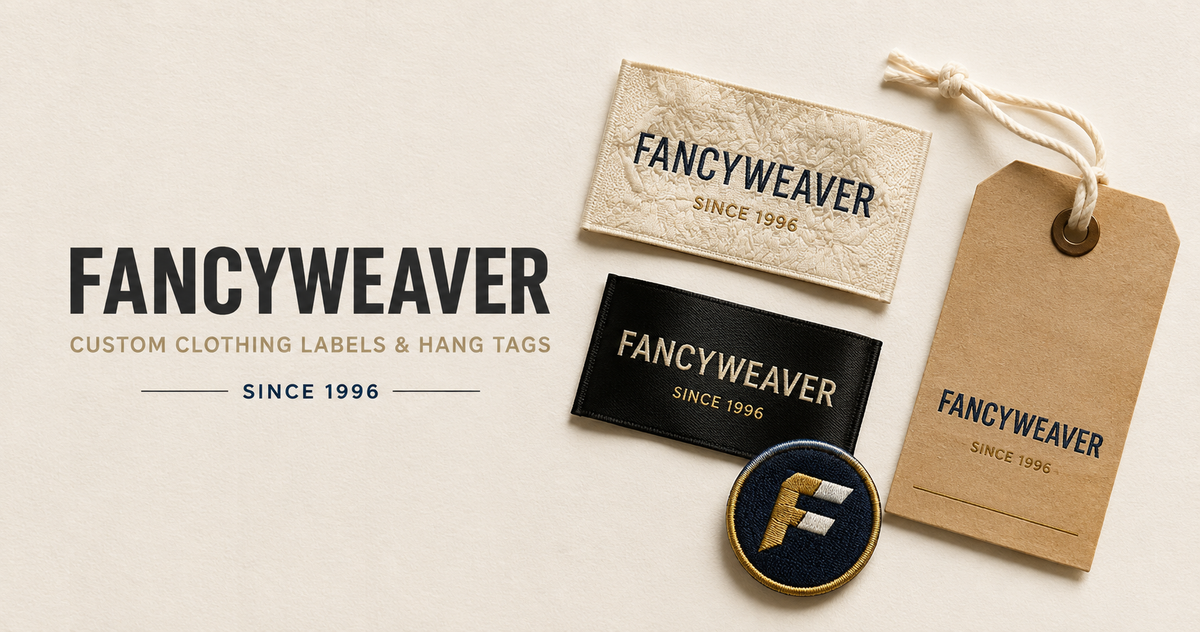 Three custom woven logo labels for clothing displayed on natural fabric